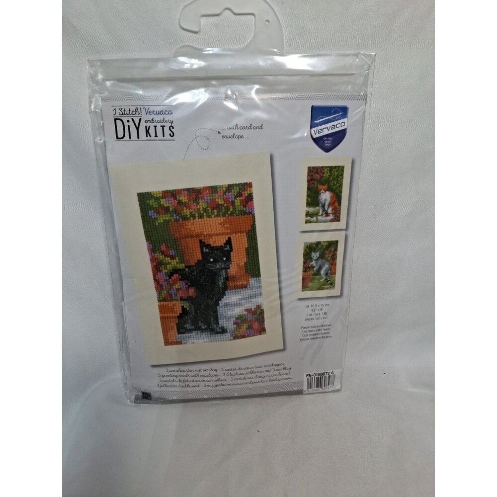 Vervaco Counted Cross stitch Kit Greeting Cards "Cats between Flowers" Set of 3,